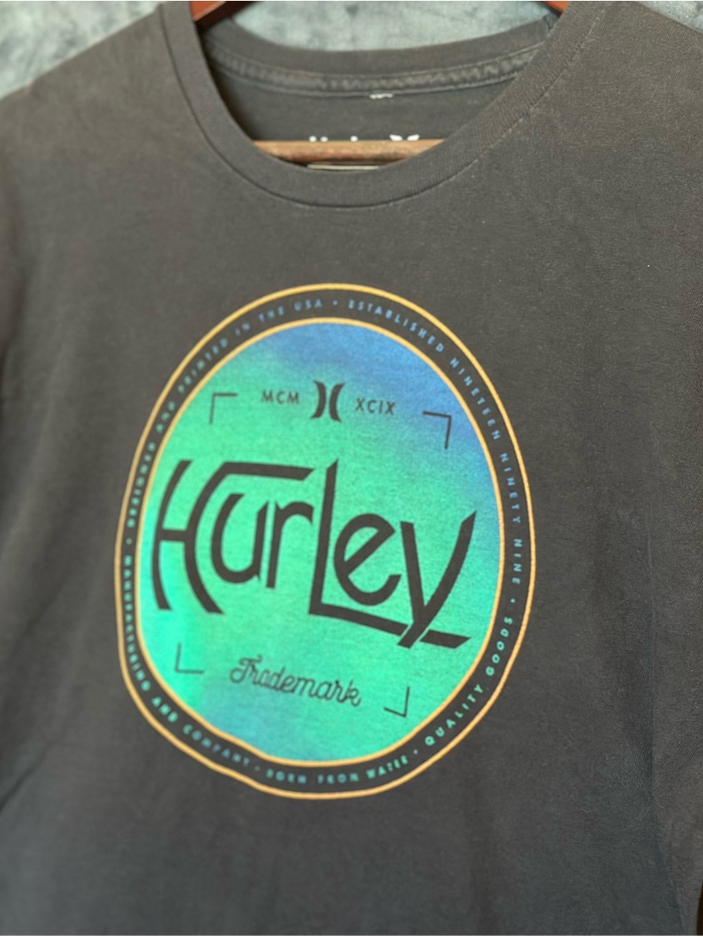 Hurley Black Tee with Green-Blue Gradient Logo